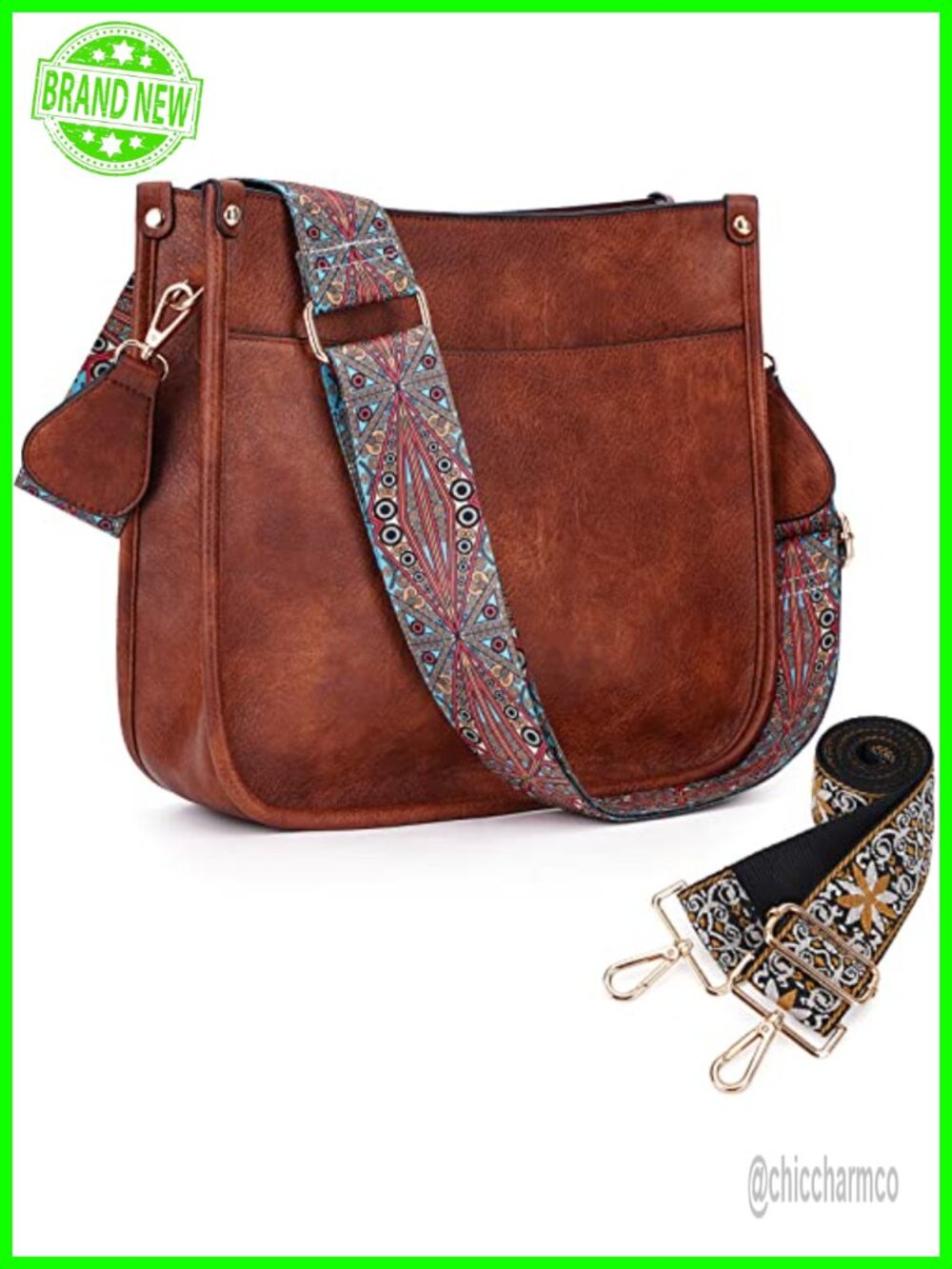 Vegan Leather Crossbody Hobo Bag with 2 Adjustable Guitar Straps